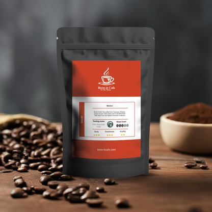 Brew-itCafe Decaf Coffee Mexican Roast bag surrounded by whole beans, highlighting smooth, nutty flavor and sustainable decaffeination process.