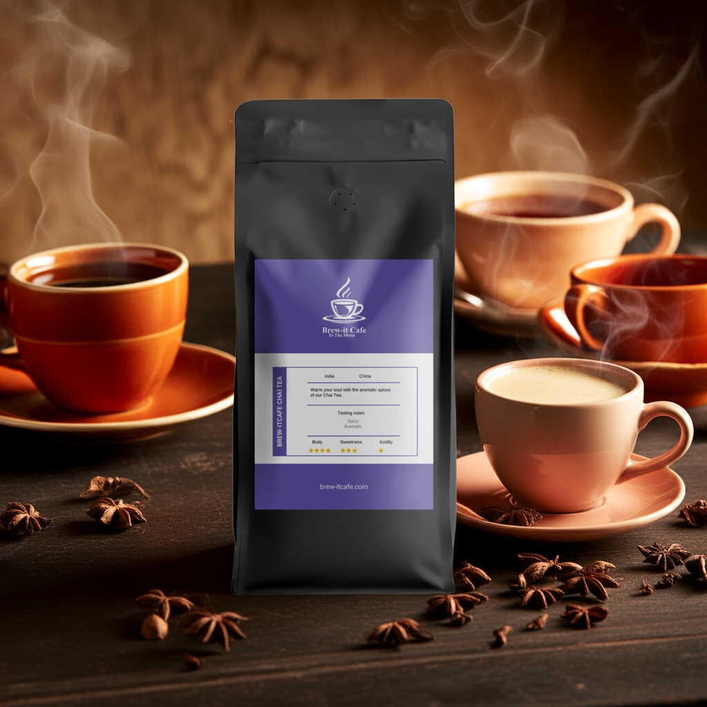 Cozy Brew Chai Tea - Premium Blend displayed with steaming cups of spiced tea and star anise, ideal for a warm, aromatic tea experience.