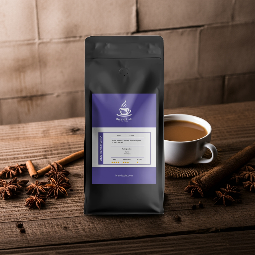 Cozy Brew Chai Tea - Premium Blend on rustic table with a cup of chai and star anise, perfect for cozy tea moments at home.