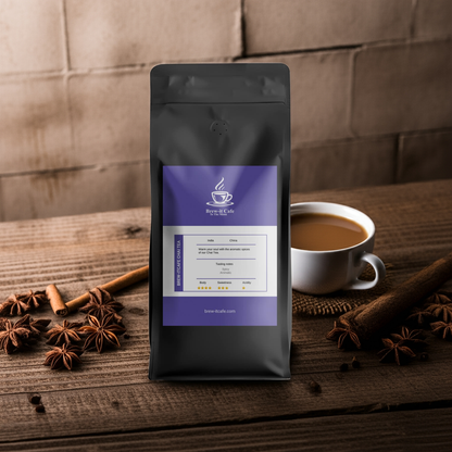 Cozy Brew Chai Tea - Premium Blend on rustic table with a cup of chai and star anise, perfect for cozy tea moments at home.