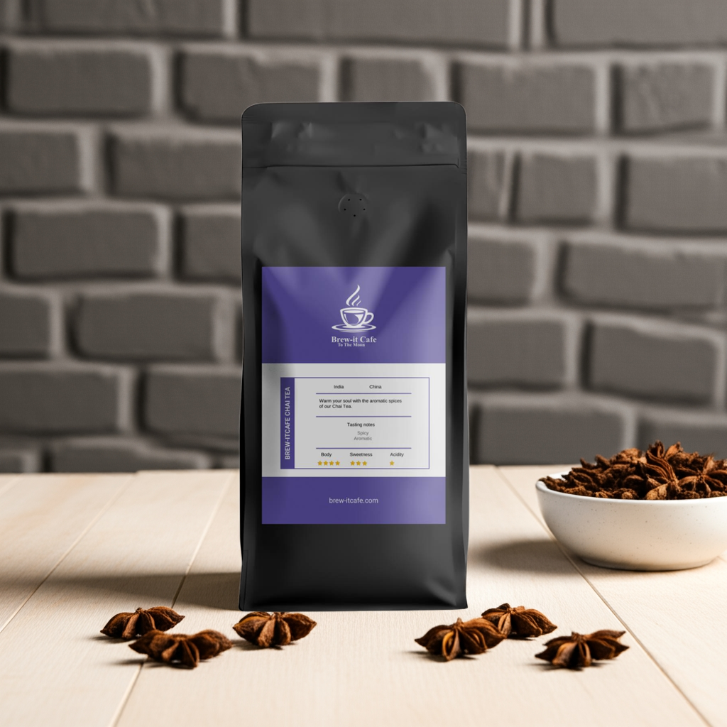 Brew-itCafe Premium Chai Tea pack with star anise on light wood surface, emphasizing its spiced, aromatic flavor profile.