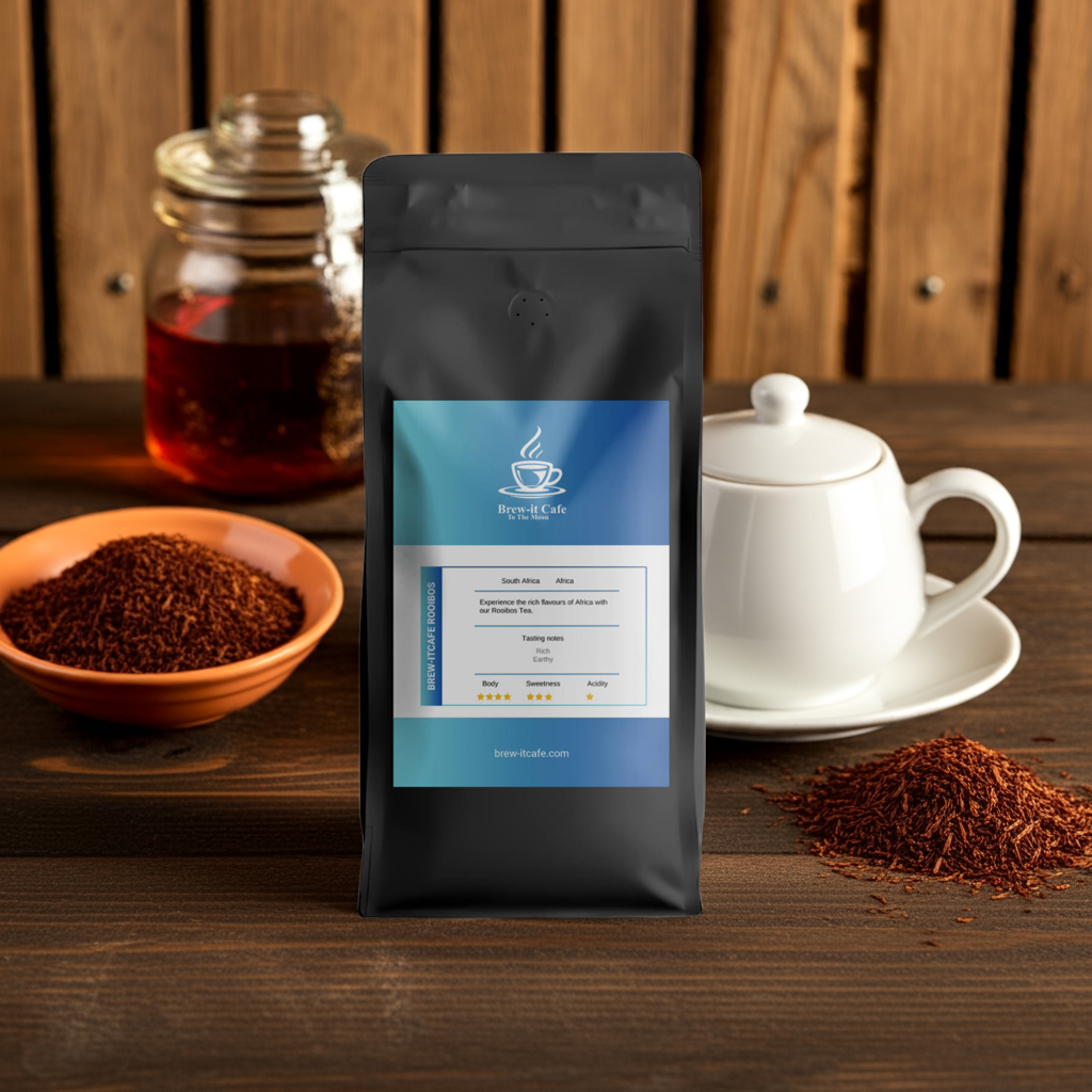 Brew-itCafe Rooibos Tea Caffeine-Free Herbal Blend in black pouch with tea cup and loose rooibos on wooden table. Rich antioxidant herbal tea.