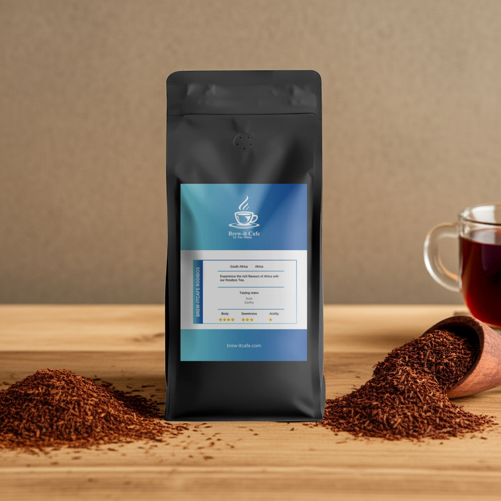 Brew-itCafe Rooibos Tea Caffeine-Free Herbal Blend on wooden surface with loose tea and glass of brewed rooibos. Smooth, antioxidant-rich herbal tea.