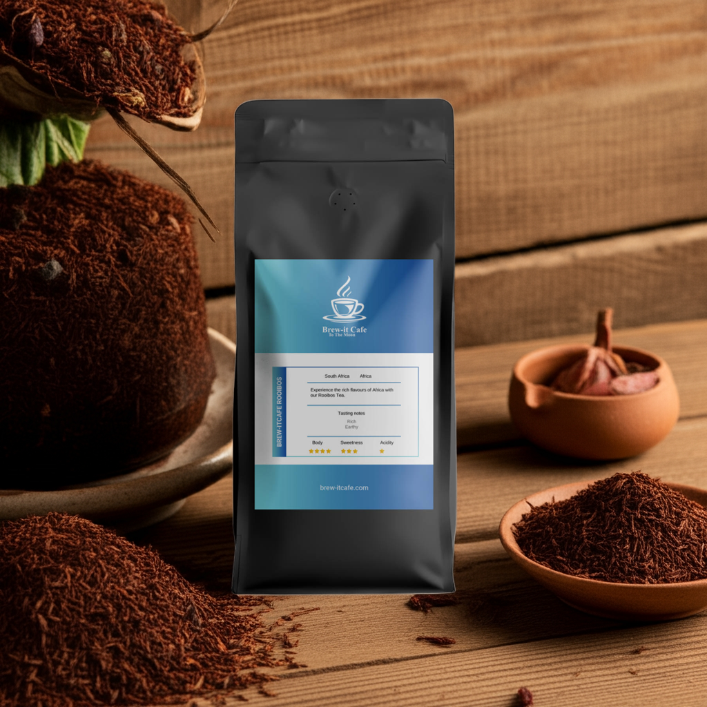 Brew-itCafe Rooibos Tea Caffeine-Free Herbal Blend pouch surrounded by rooibos leaves and traditional African decor. Earthy wellness tea option.