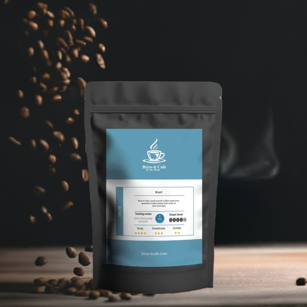 Brew-itCafe Swiss-Water Decaf coffee bag with smooth dark chocolate decaffeinated beans.