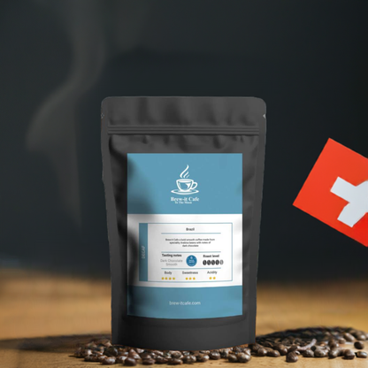 Brew-itCafe Swiss-Water Decaf coffee bag with smooth dark chocolate decaffeinated beans.