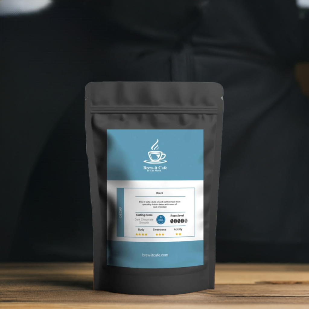 Brew-itCafe Swiss-Water Decaf coffee bag with smooth dark chocolate decaffeinated beans.