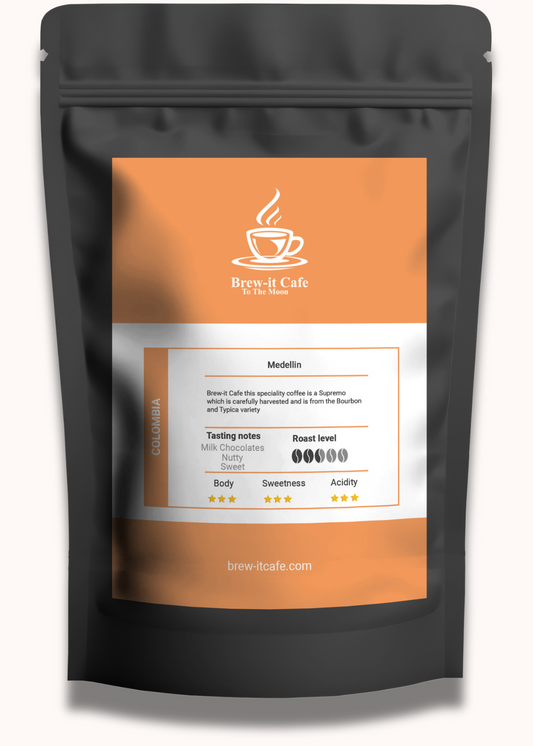 Brew-itCafe Colombia Medellin coffee bag with chocolatey and nutty Colombian beans.