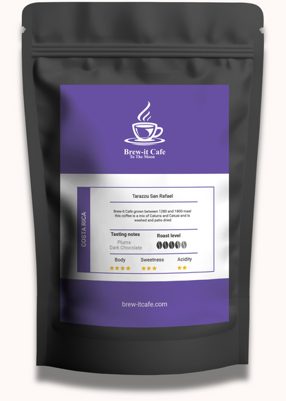 Brew-itCafe Costa Rica Tarrazu San Rafael coffee bag featuring rich dark chocolate and plum notes.