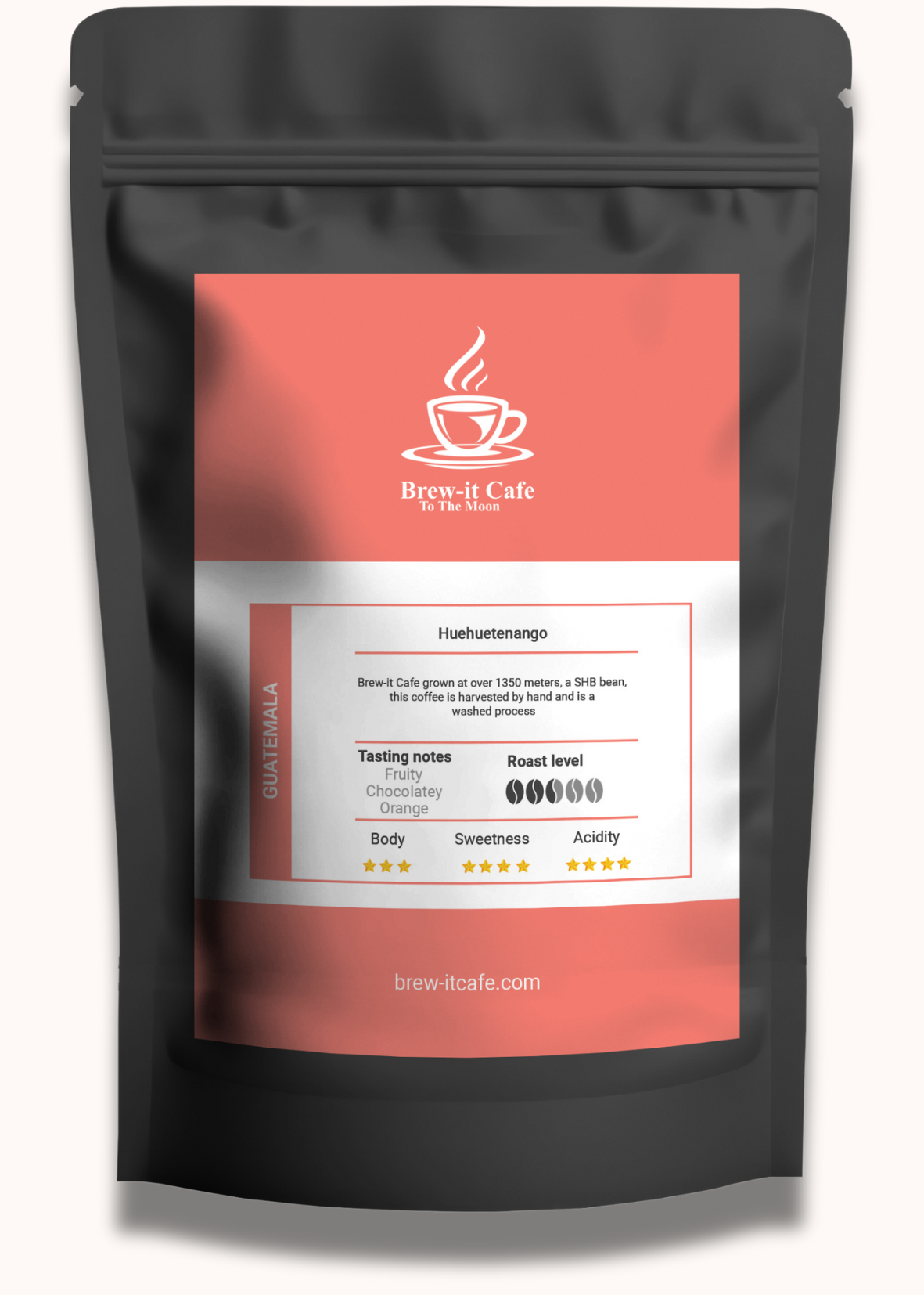 Brew-itCafe Guatemala Huehuetenango coffee bag featuring fruity orange and milk chocolate beans.