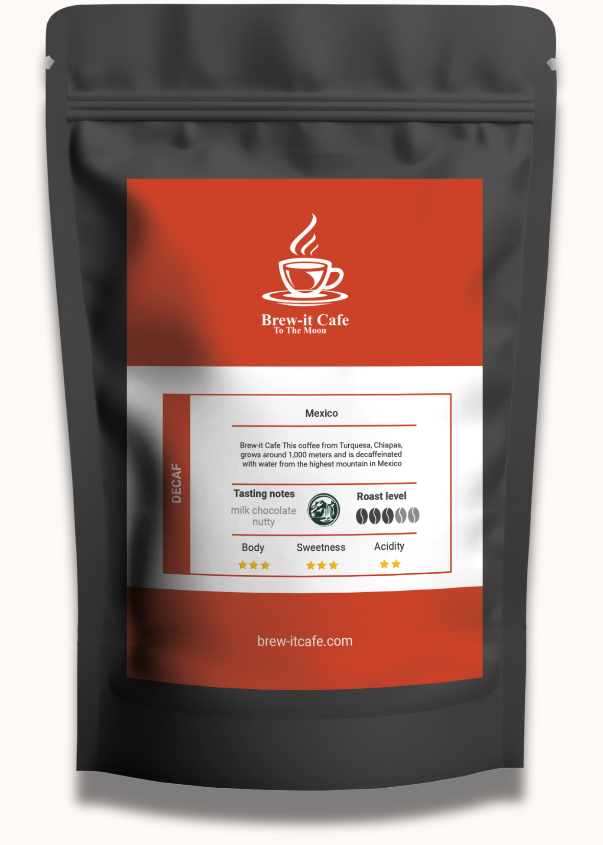 Brew-itCafe Mountain Water Process Decaf coffee bag featuring smooth Mexican decaffeinated coffee.