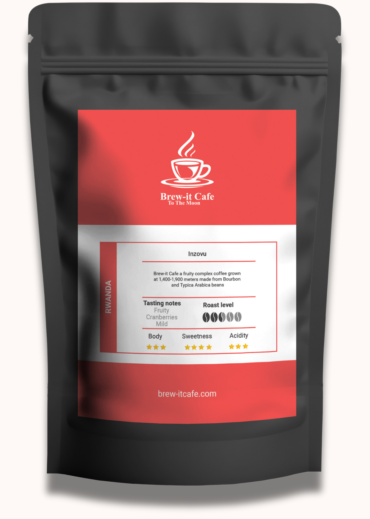 Brew-itCafe Rwanda Inzovu coffee bag with fruity cranberry flavour and balanced sweetness.