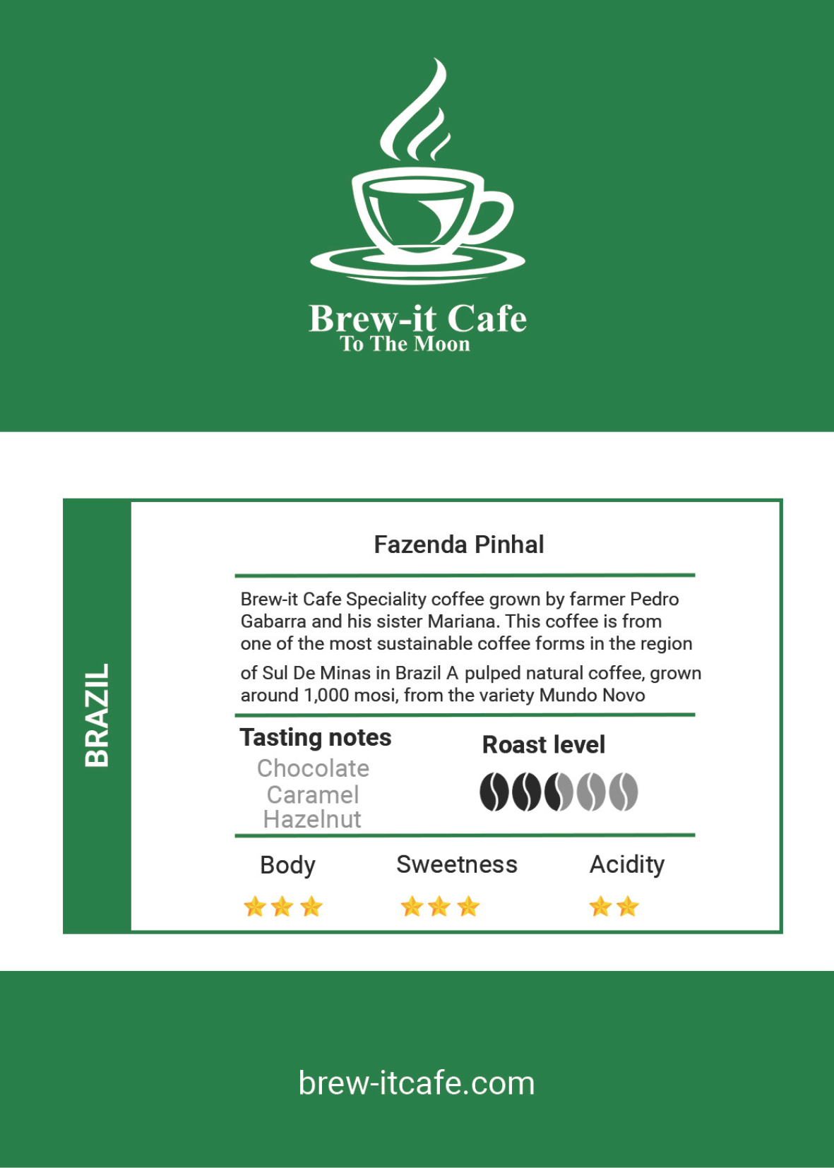 Label of Brew-itCafe Brazil Fazenda Pinhal showcasing Brazilian coffee with sweet and mild flavors.