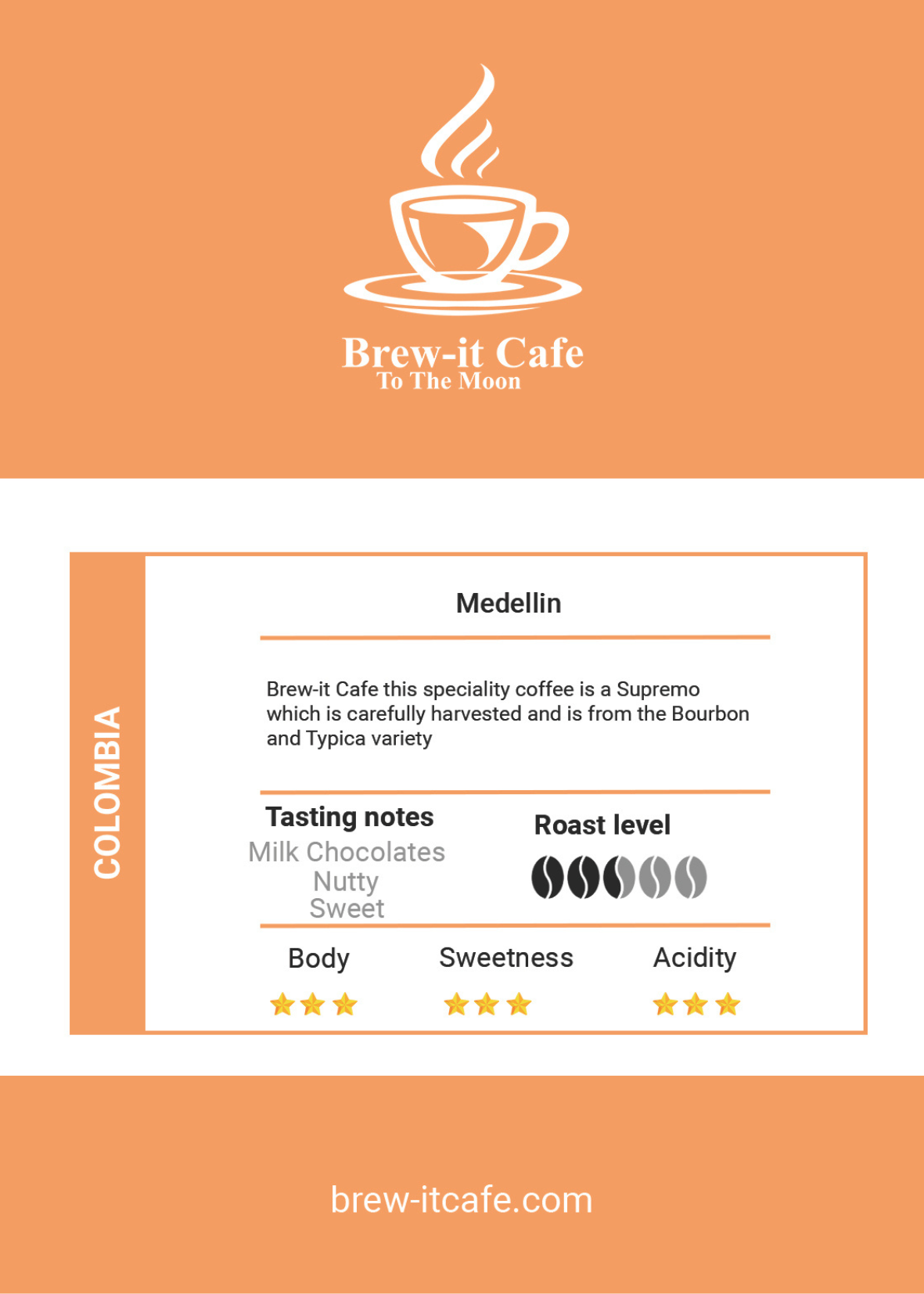 Label of Brew-itCafe Colombia Medellin emphasizing smooth chocolate and nutty flavors.