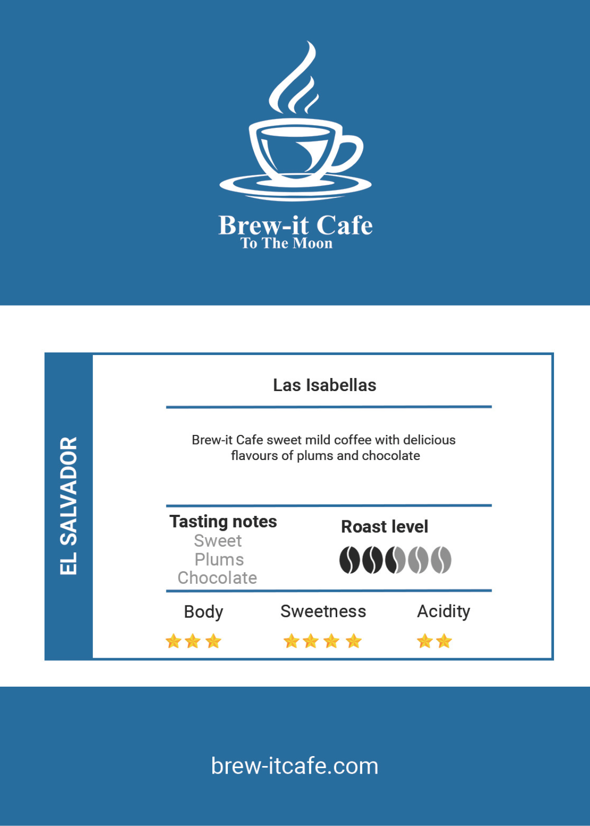 Label of Brew-itCafe El Salvador Las Isabellas highlighting flavors of plums and rich chocolate.