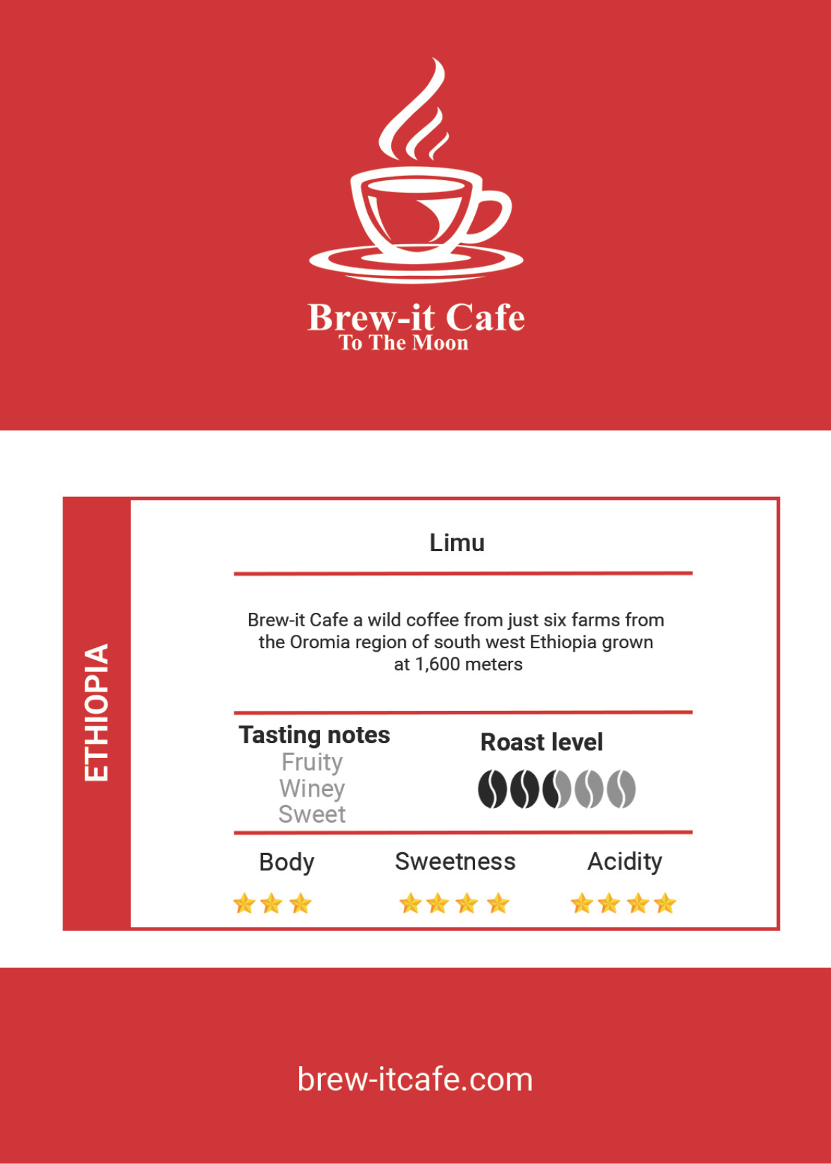 Label of Brew-itCafe Ethiopia Limu highlighting the fruity and complex winey flavor profile.