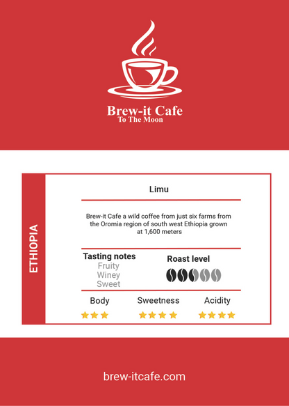 Label of Brew-itCafe Ethiopia Limu highlighting the fruity and complex winey flavor profile.