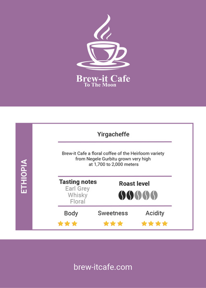 Label of Brew-itCafe Ethiopia Yirgacheffe showcasing unique Earl Grey and whiskey flavours.