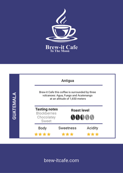 Label of Brew-itCafe Guatemala Antigua emphasizing chocolatey flavors and a hint of blackberries.