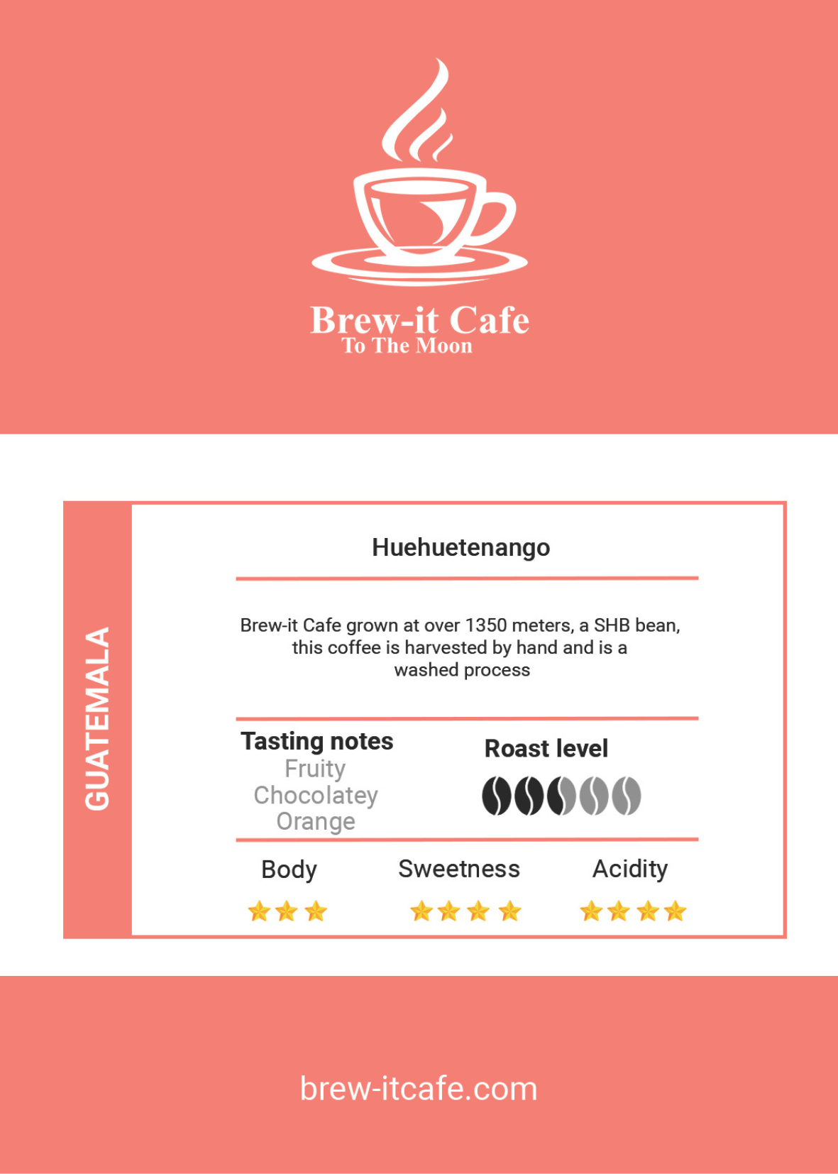 Label of Brew-itCafe Guatemala Huehuetenango showcasing refreshing orange and chocolatey flavours.