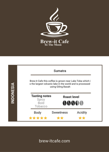 Label of Brew-itCafe Indonesia Sumatra Lake Toba highlighting spicy and bold coffee notes.