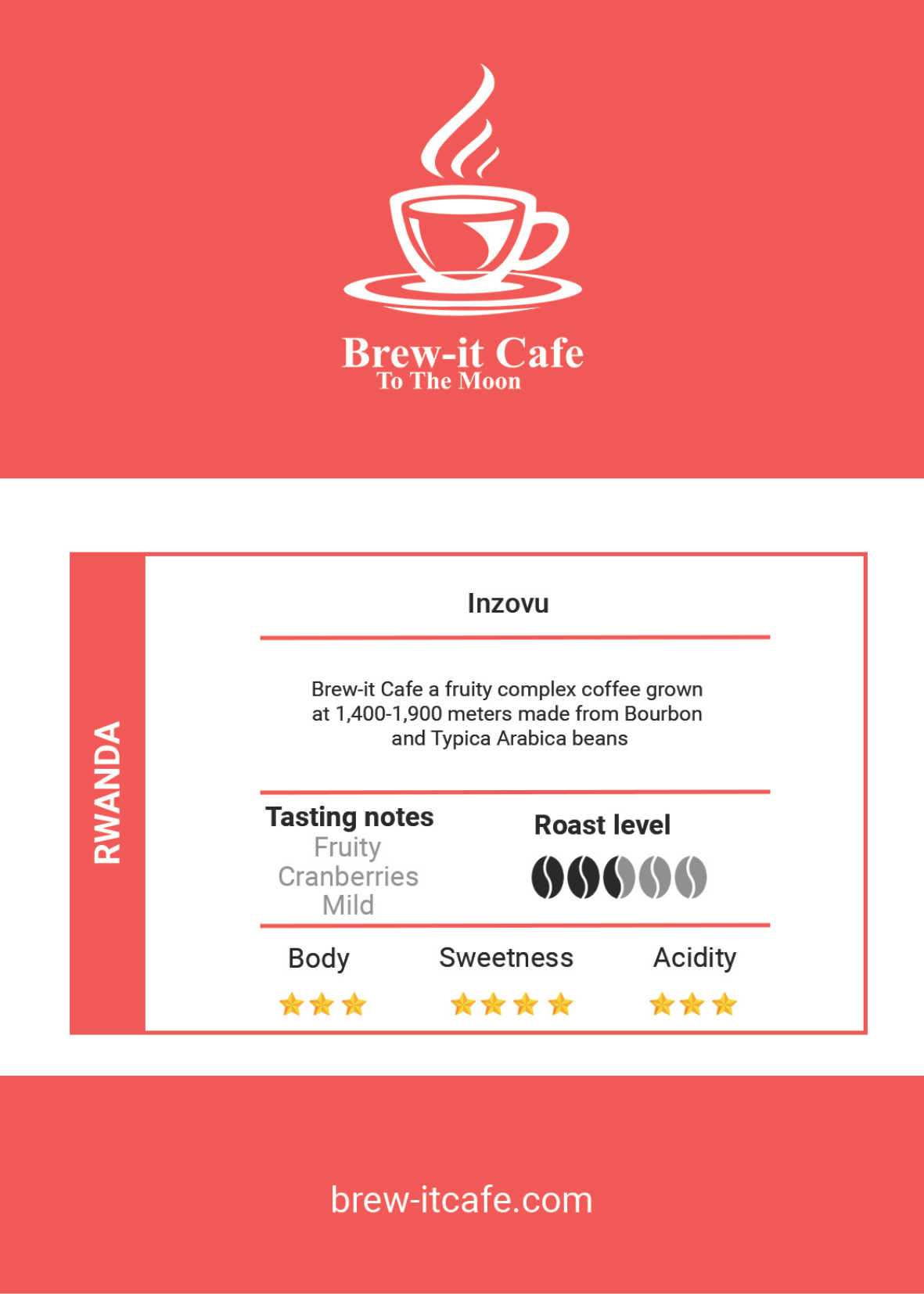 Label of Brew-itCafe Rwanda Inzovu emphasising sweet and fruity cranberry notes.