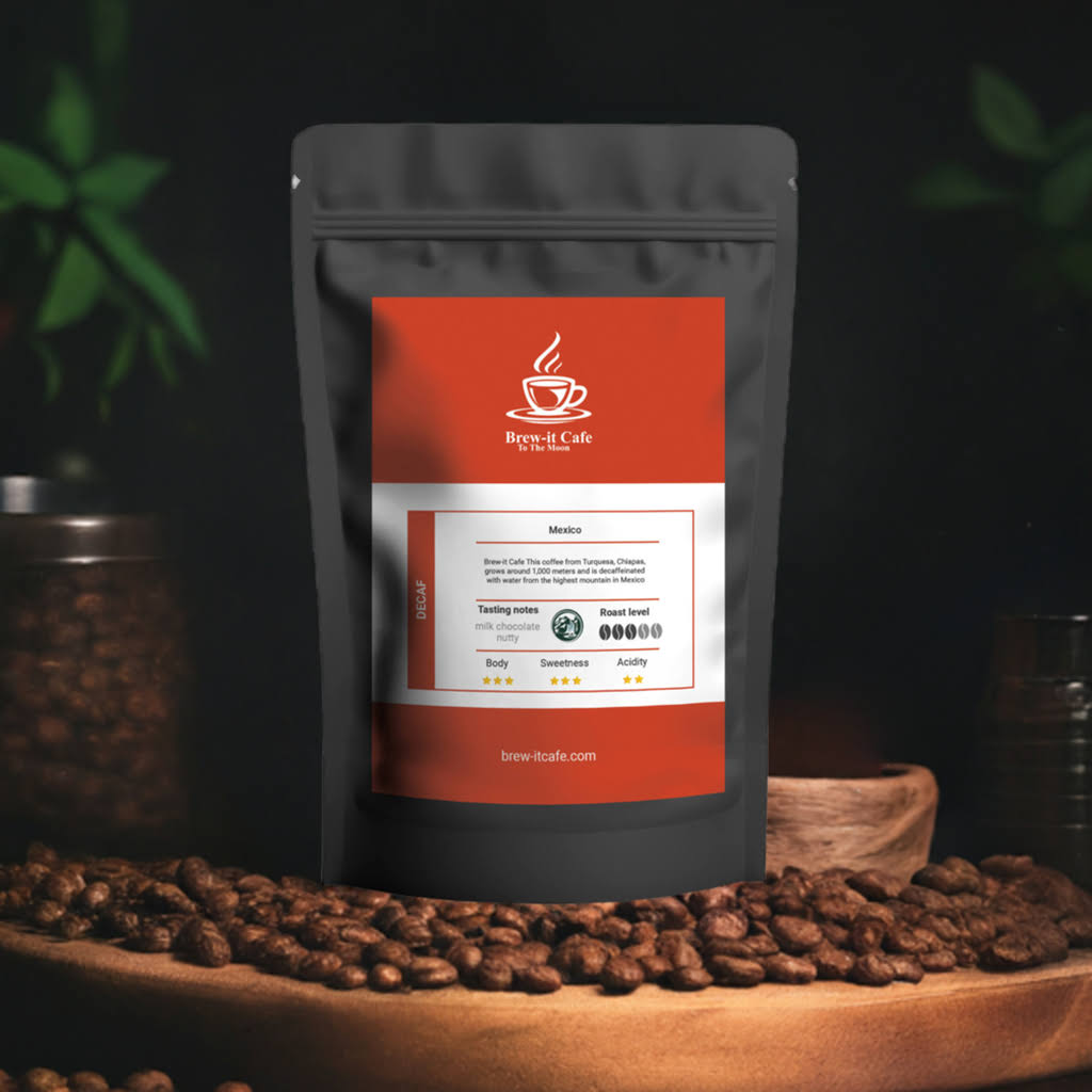 Brew-itCafe Mountain Water Process Decaf coffee bag featuring smooth Mexican decaffeinated coffee.