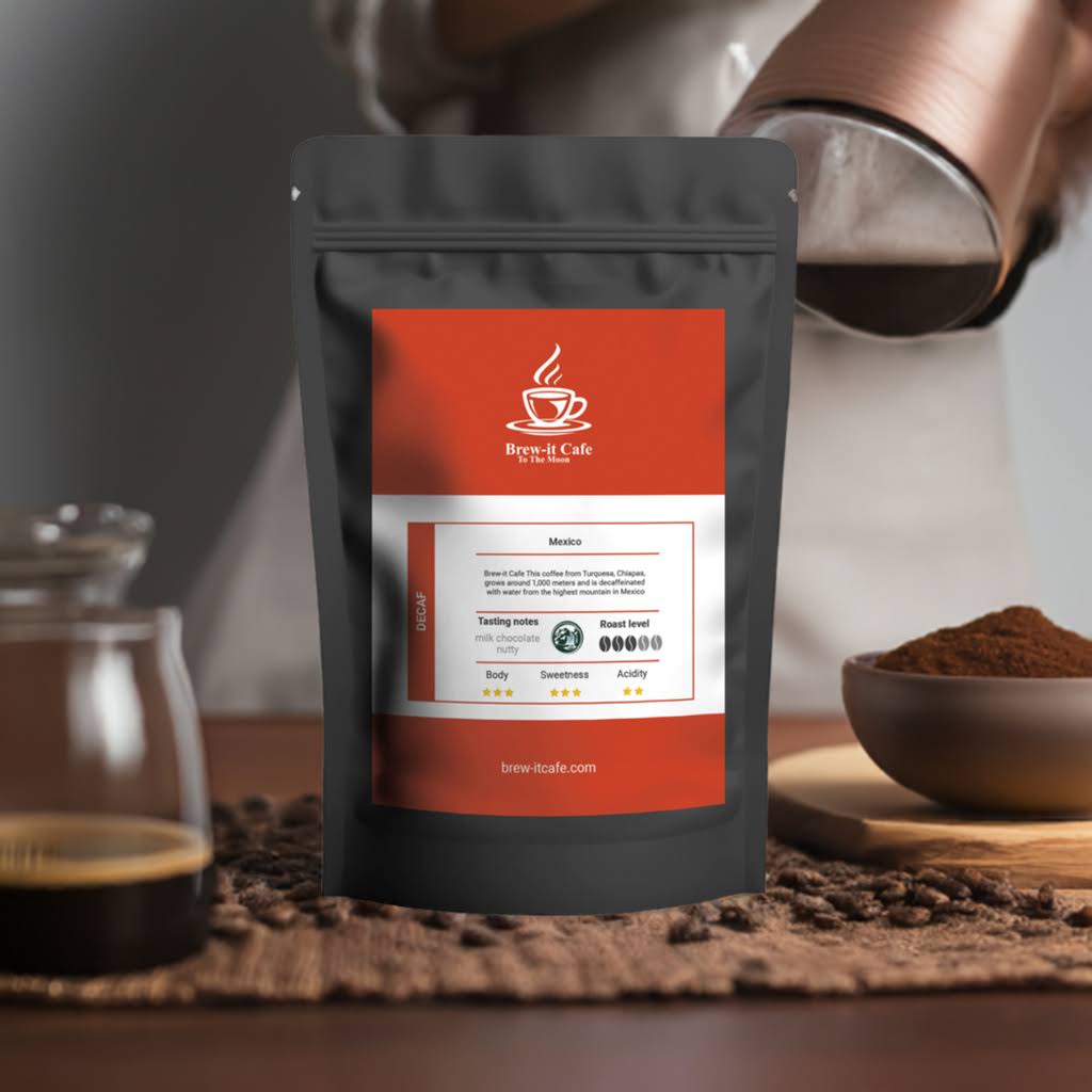 Brew-itCafe Mountain Water Process Decaf coffee bag featuring smooth Mexican decaffeinated coffee.