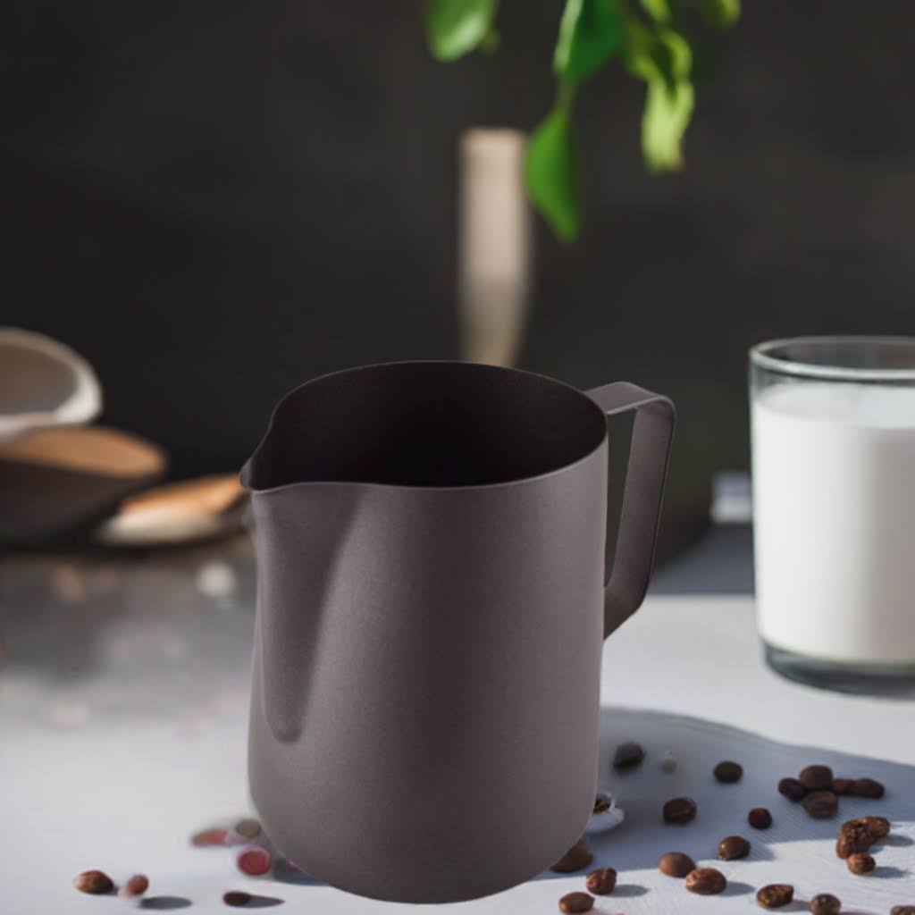 Brew-itCafe Stainless Steel Milk Jug with Etched Measurements, ideal for latte art and precise milk frothing.