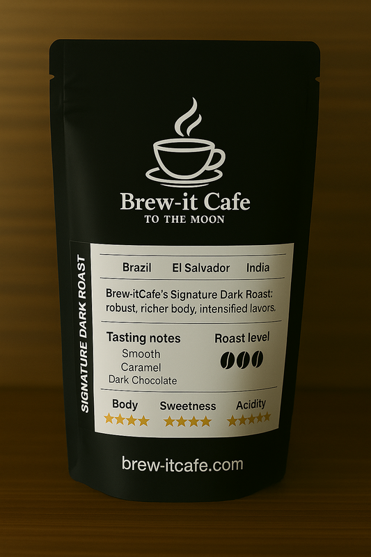 Brew-itCafe Signature Dark Roast coffee bag with tasting notes and brewing information