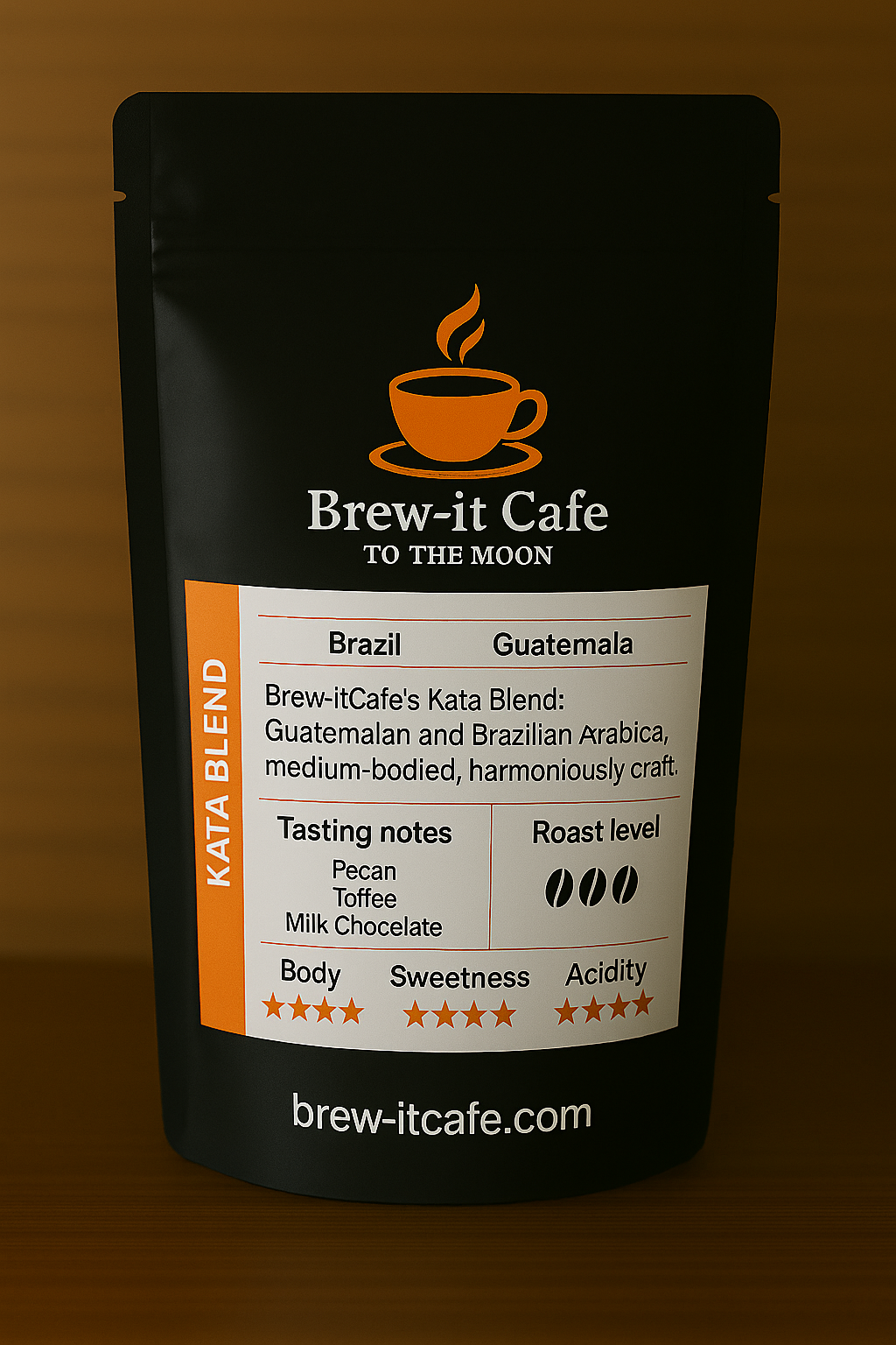 Brew-itCafe Kata Blend coffee online packaging showcasing tasting notes and roast level