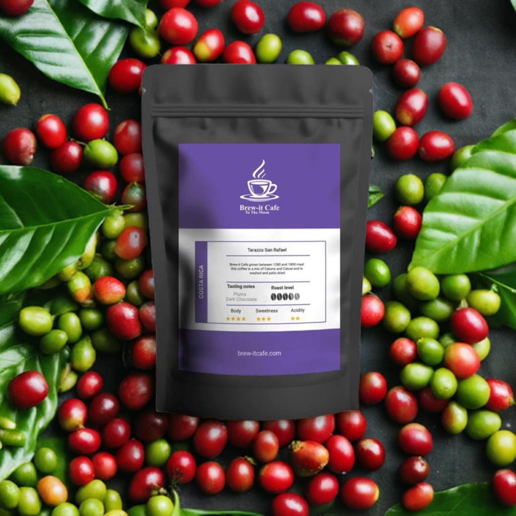 Brew-itCafe Costa Rica Tarrazu San Rafael coffee bag featuring rich dark chocolate and plum notes.