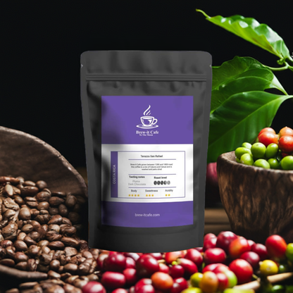 Brew-itCafe Costa Rica Tarrazu San Rafael coffee bag featuring rich dark chocolate and plum notes.