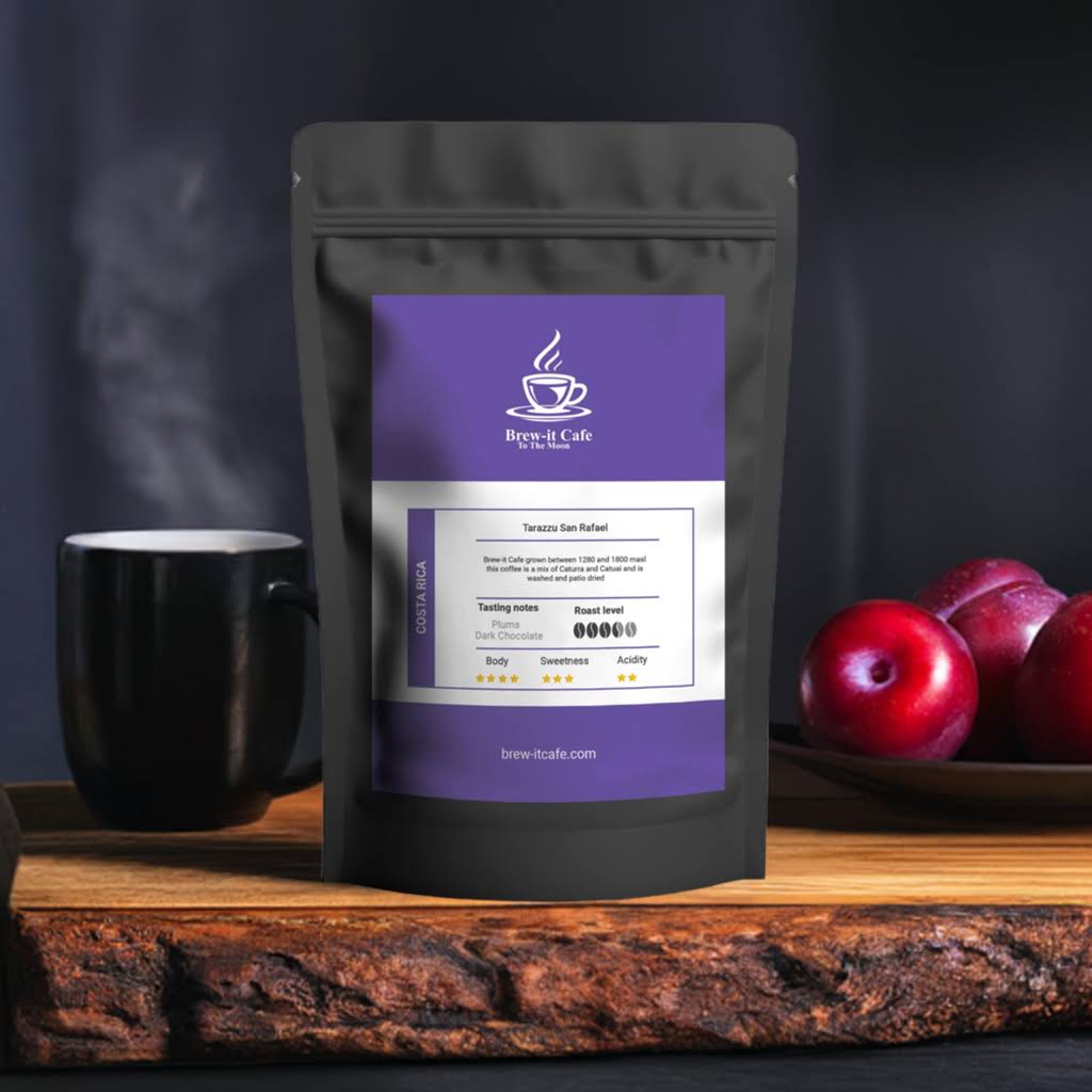 Brew-itCafe Costa Rica Tarrazu San Rafael coffee bag featuring rich dark chocolate and plum notes.