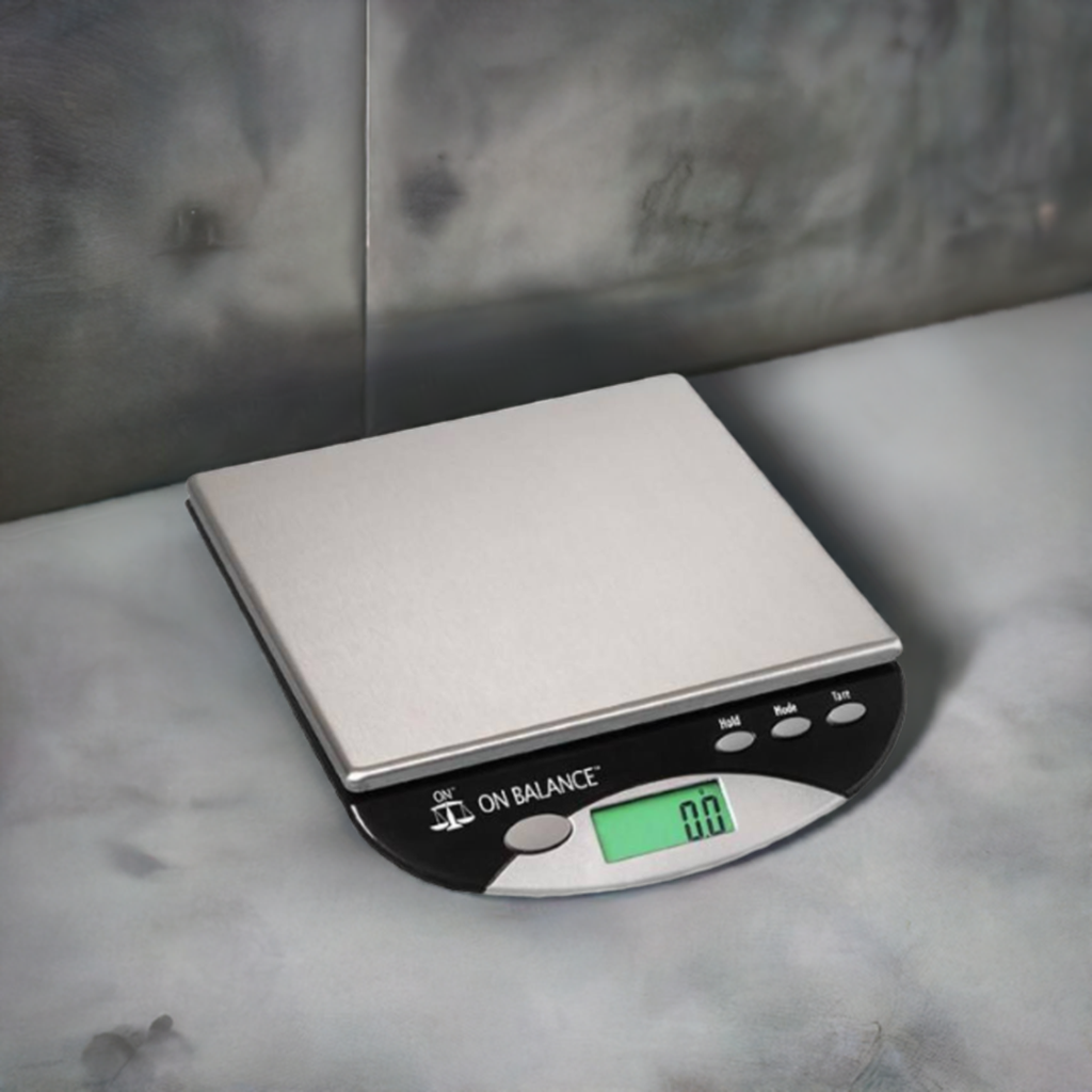 Brew-itCafe Digital Scales, stainless steel platform, easy-to-use function buttons, green backlit display.