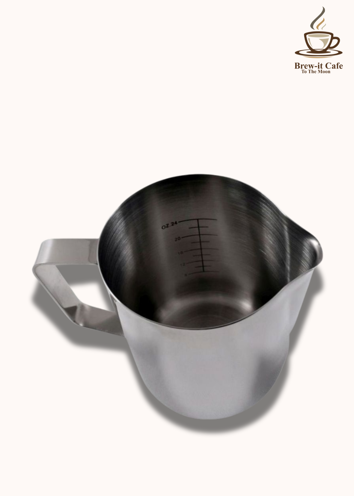 Brew-itCafe Stainless Steel Milk Jug with Etched Measurements, ideal for latte art and precise milk frothing.