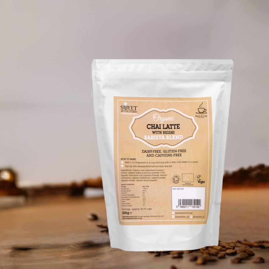 Chai Mix (500g) in a bag, showcasing the creamy blend of tea and exotic spices, ideal for making delicious chai lattes.