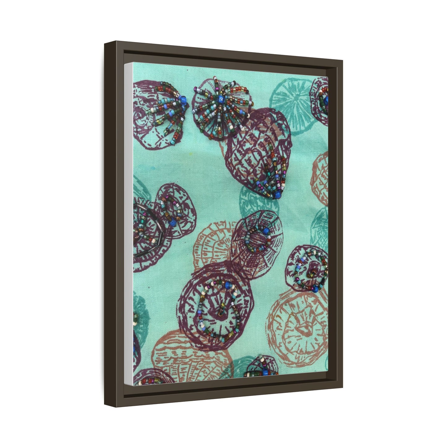 Framed abstract art for living room featuring colorful circular patterns on a teal background