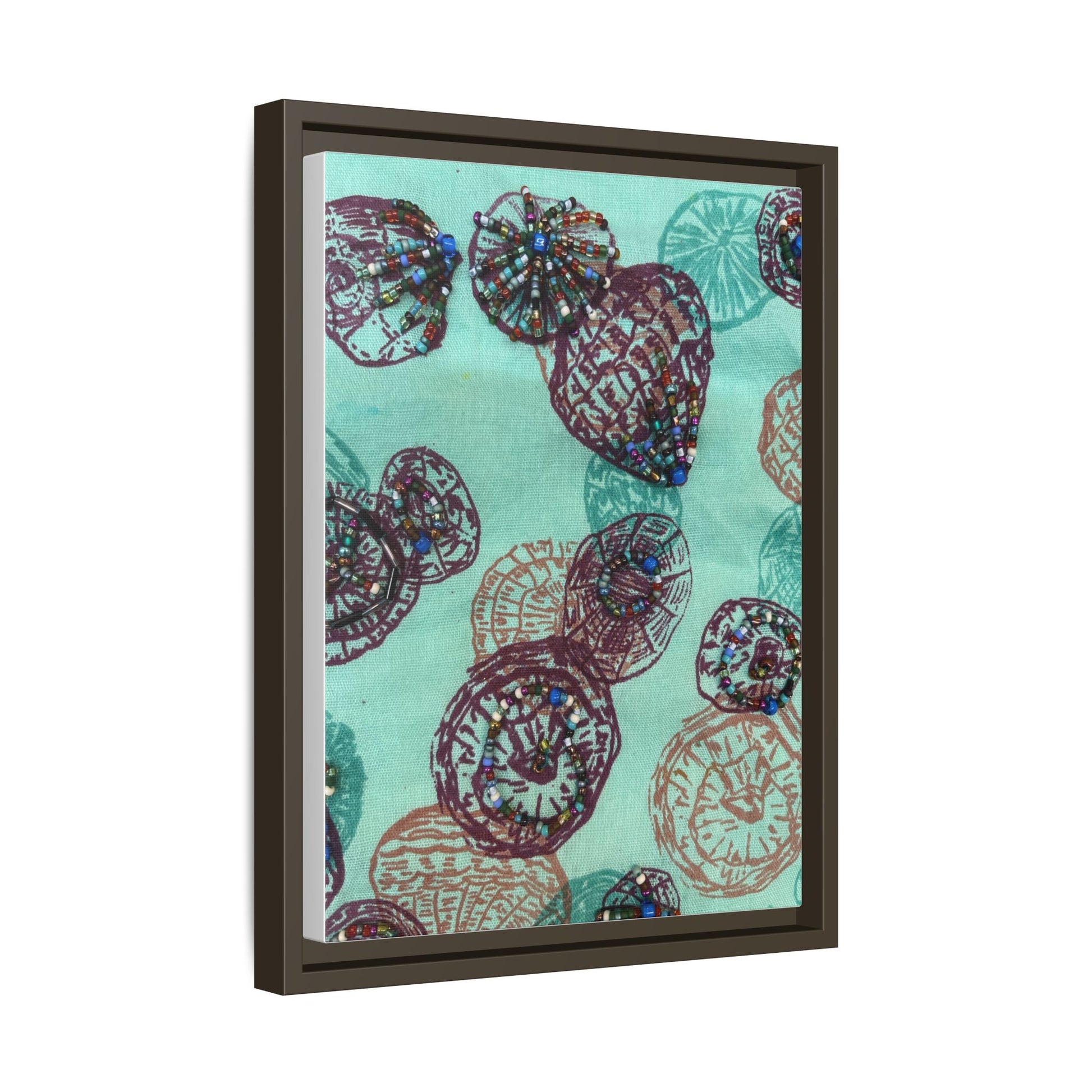 Framed abstract art for living room featuring colorful circular patterns on a teal background