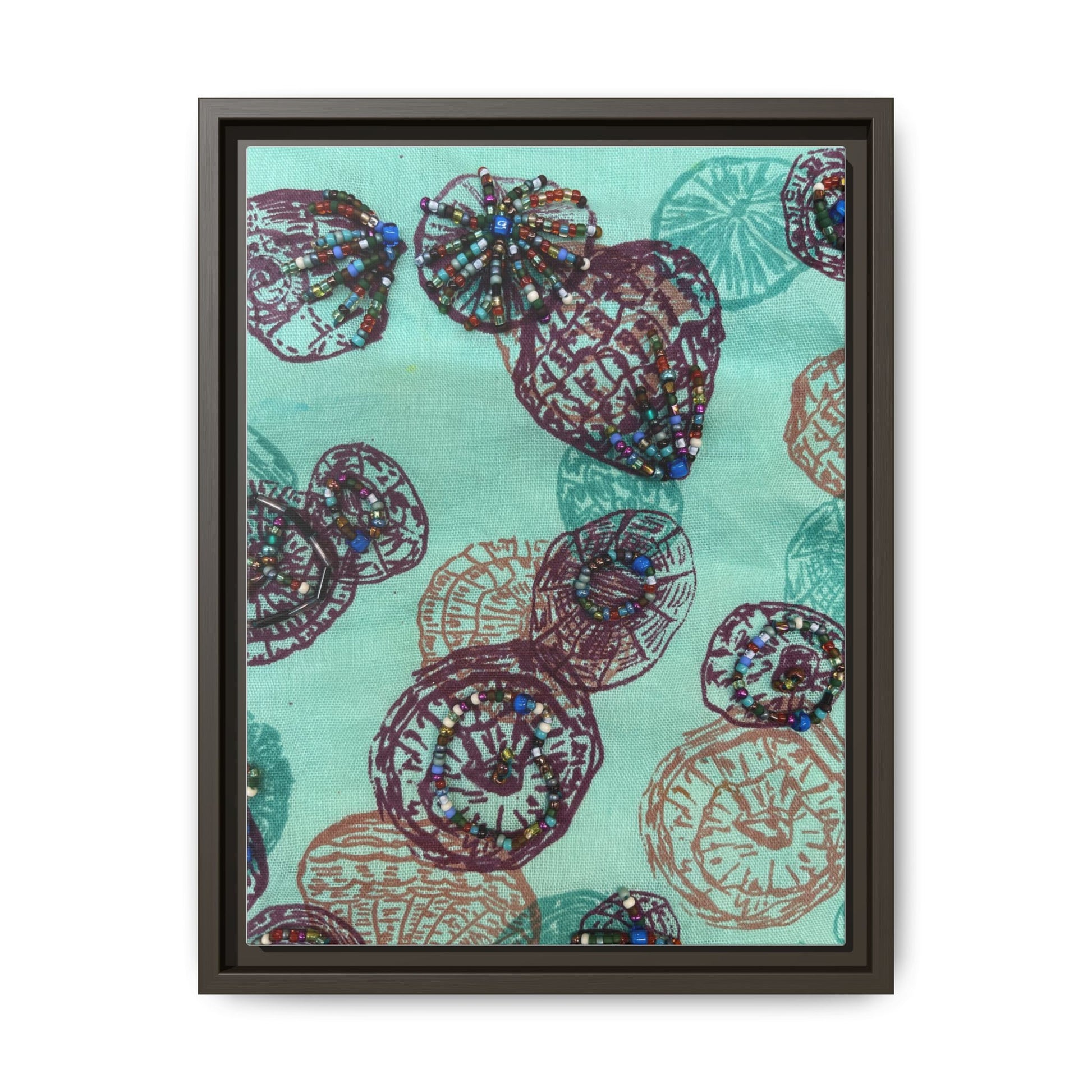 Framed canvas featuring colorful shells in an abstract design, perfect abstract art for living room decoration