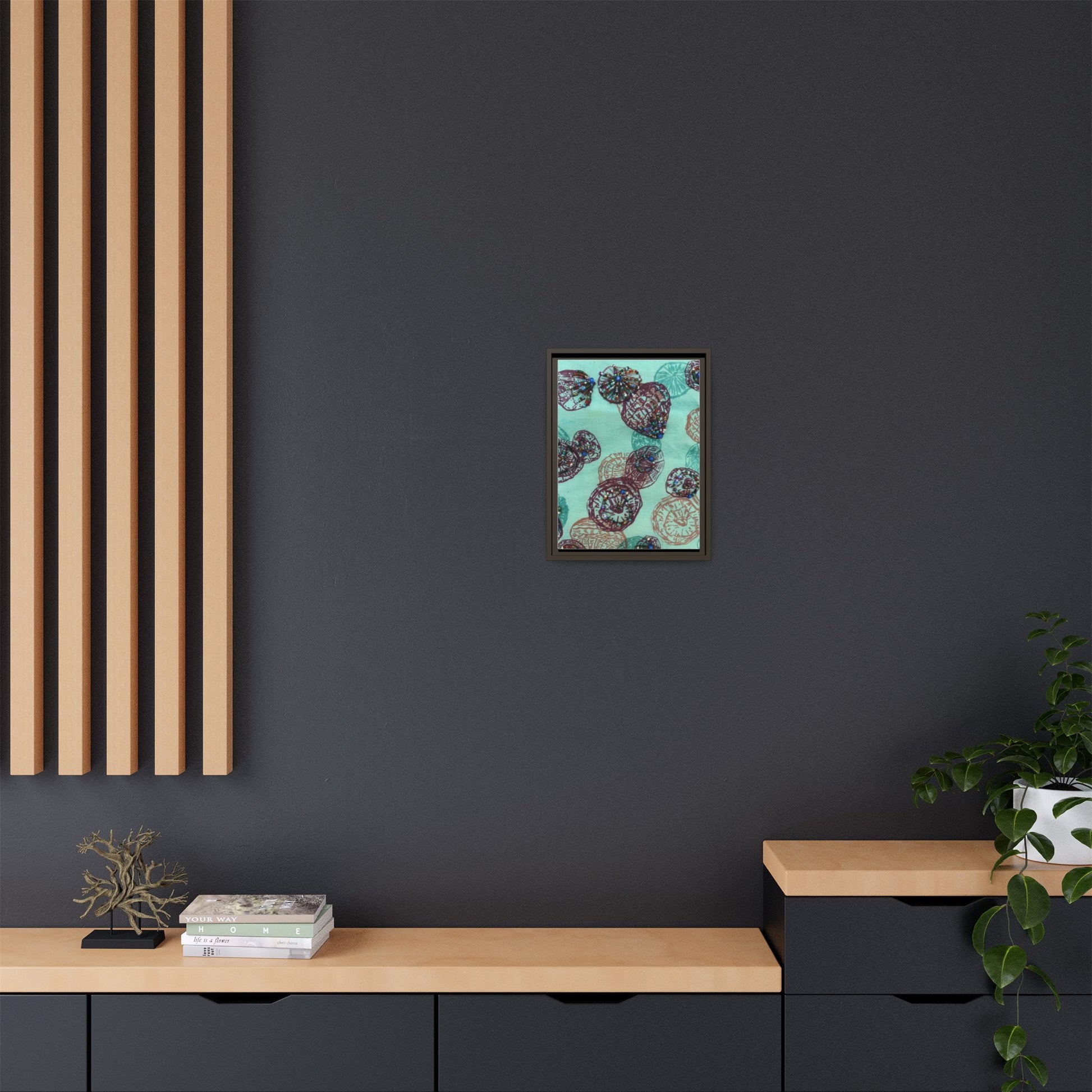 Framed abstract art for living room featuring a colorful design with swirls and patterns