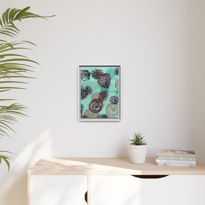 Framed abstract art for living room featuring colorful round shapes on a teal background