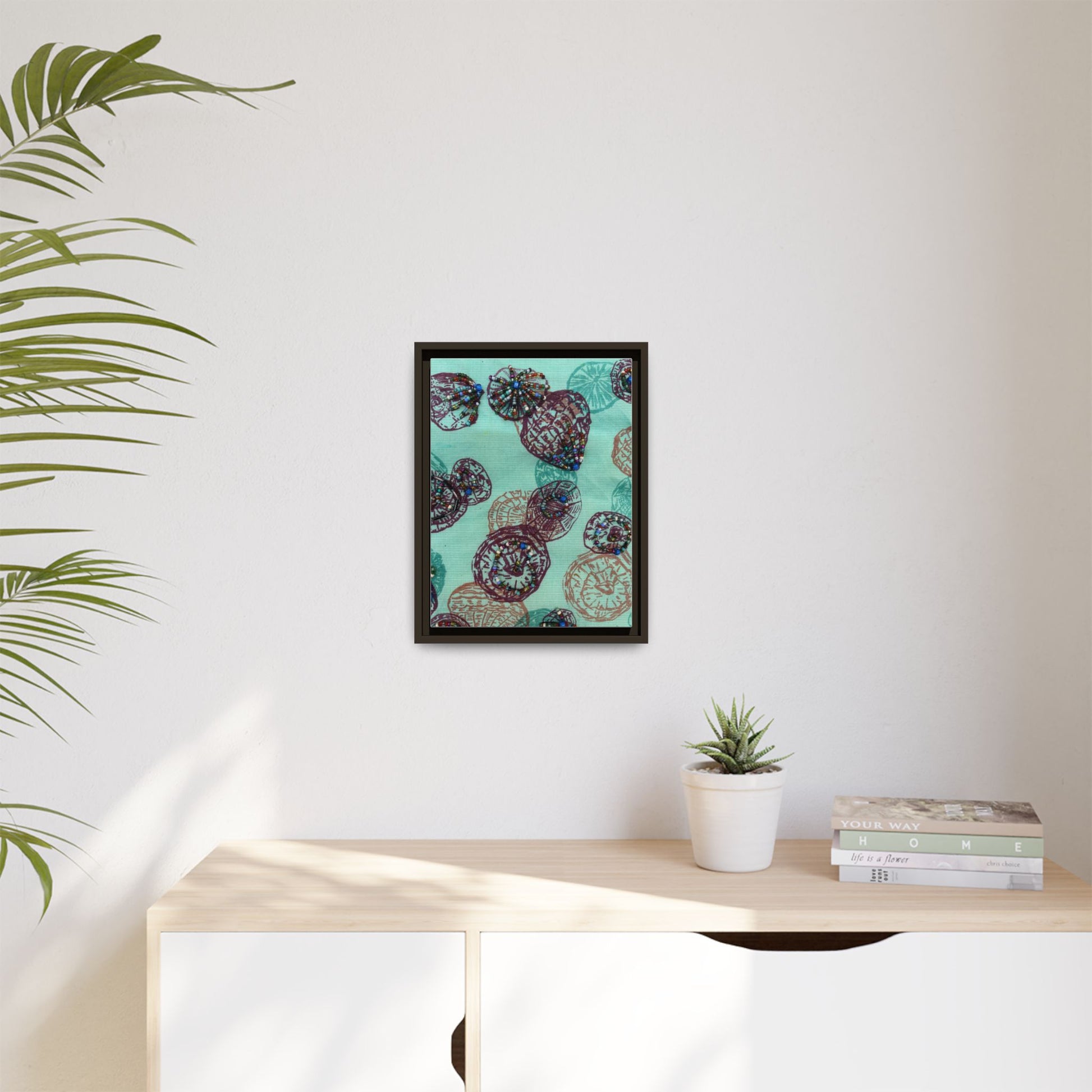 Framed abstract art for living room featuring colorful circular patterns on a textured background
