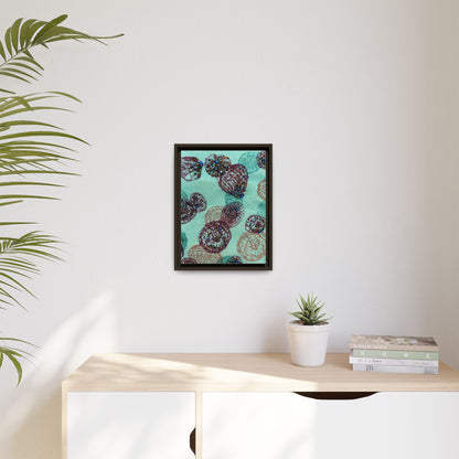 Framed abstract art for living room featuring colorful circular patterns on a textured background