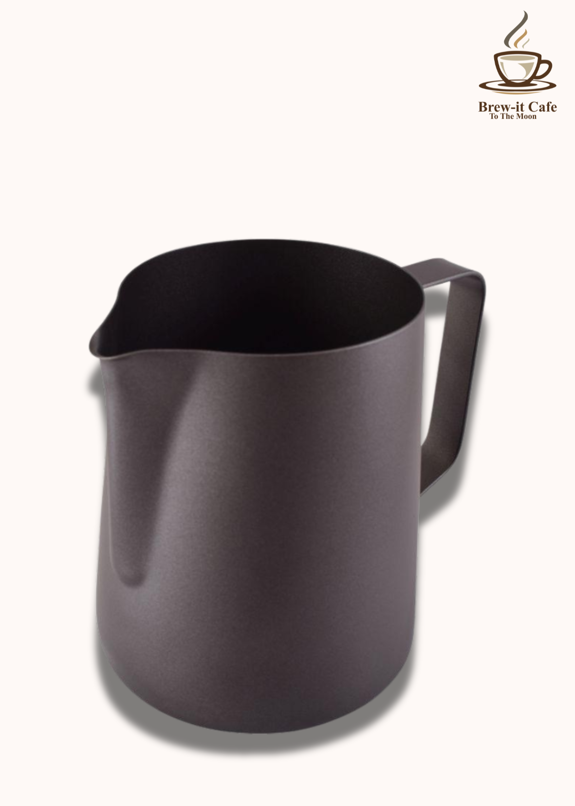 Brew-itCafe Black Teflon Milk Jug, ideal for latte art with non-stick coating.