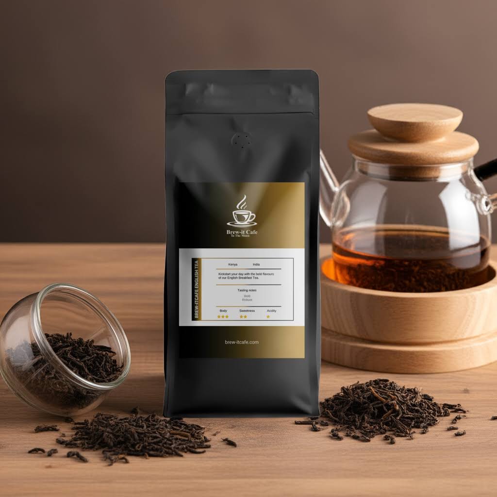 Brew-itCafe Premium Black Tea - English Breakfast in sleek packaging with glass teapot and loose tea, perfect for daily tea rituals.