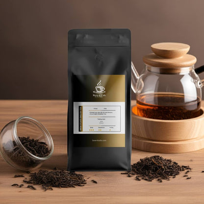 Brew-itCafe Premium Black Tea - English Breakfast in sleek packaging with glass teapot and loose tea, perfect for daily tea rituals.