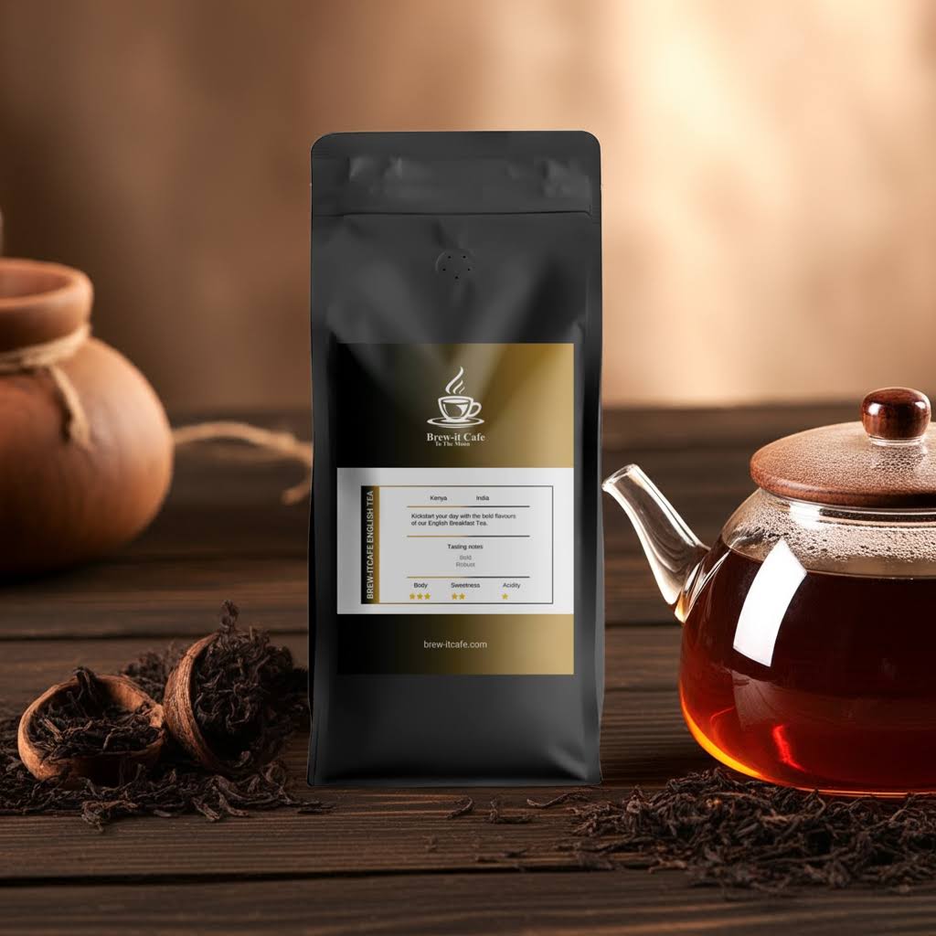 Brew-itCafe Premium Black Tea - English Breakfast blend in black pouch with teapot and loose tea leaves, ideal for rich morning brews.