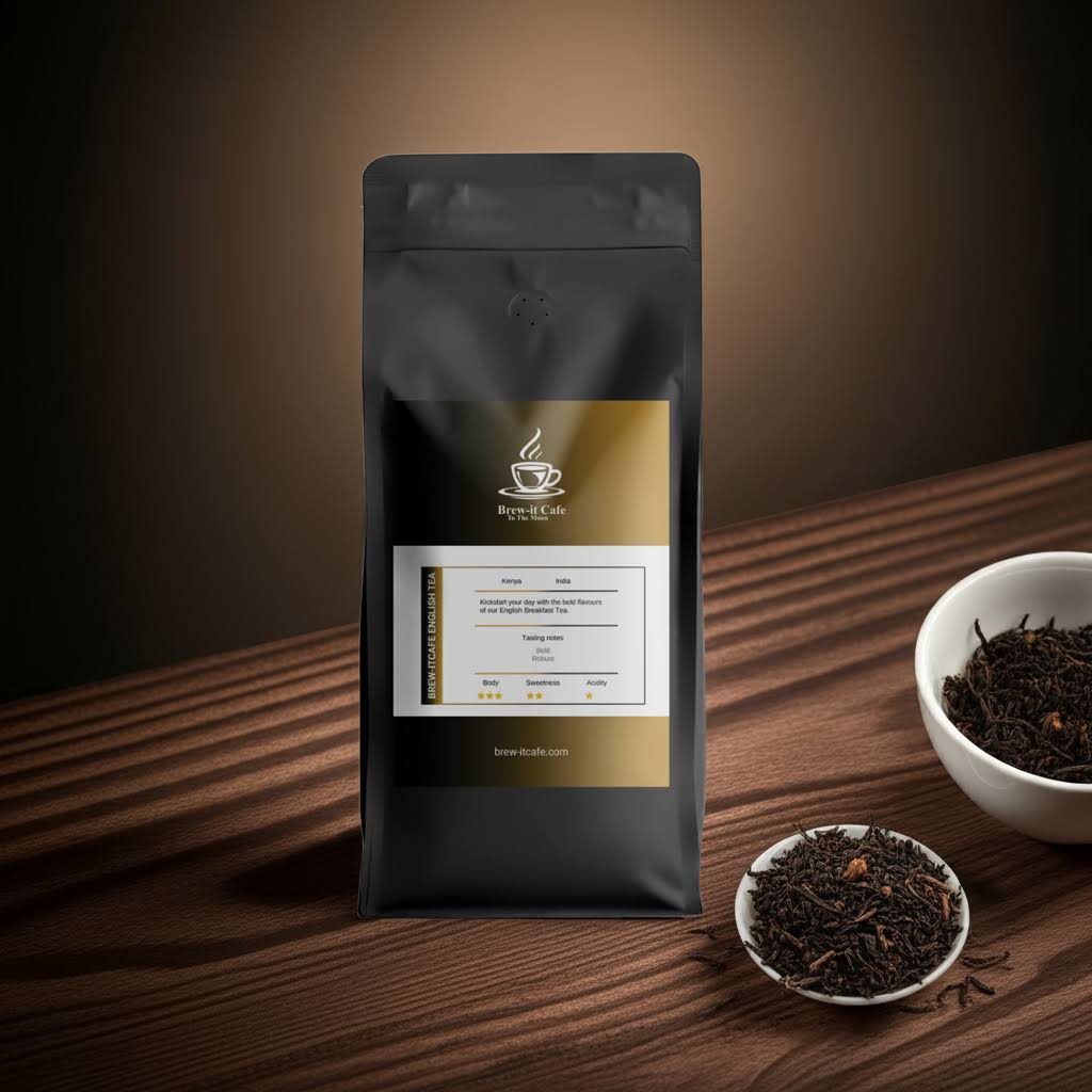 Brew-itCafe English Breakfast Premium Black Tea pouch on wooden surface with white bowl of loose tea, highlighting bold flavor profile.