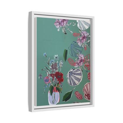 Colorful botanical canvas art featuring a floral arrangement on a green background
